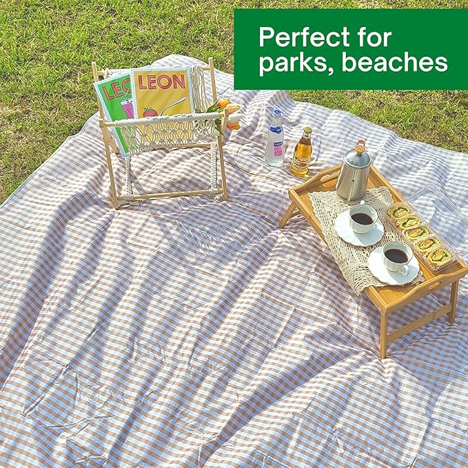 Cute Gingham Picnic Blanket Waterproof Foldable in Large 80x60in and Extra Large 80x80in Portable Compact Beach Blanket Oversized XL Outdoor Mat (Tan X-Large)