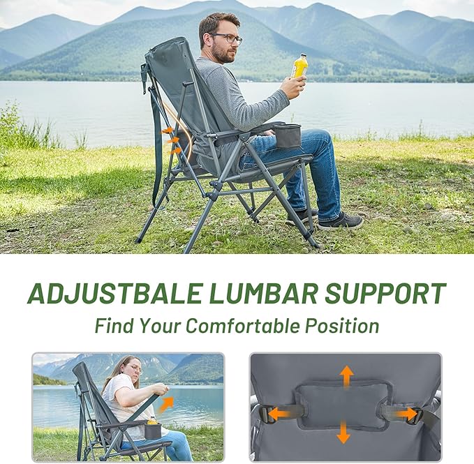 TIMBER RIDGE Oversized Camping Chair with Lumbar Support Portable Folding Chair Heavy Duty for Adults Supports 450 LBS for Outdoor Camping Lawn with High Back Cup Holder Side Pocket Grey