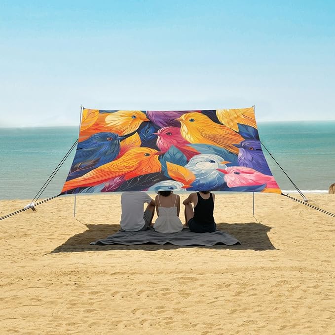 Colorful Cute Birds Beach Tent Sun Shelter 9.2' x 10.5' Beach Canopy with 4 Sandbags 4 Stability Poles Sand Shovels - Tent Canopy for Beach Camping Fishing Picnics