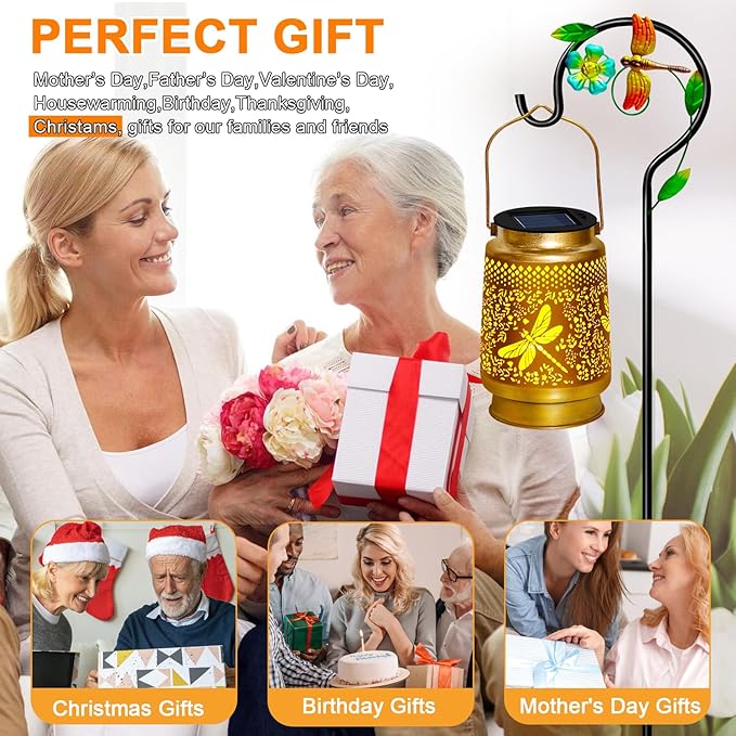 2 Pack Solar Lanterns Outdoor Decor Waterproof Dragonfly Gifts for Women MenMetal Outdoor Solar Lanterns Outside for GardenYardPatioLawn