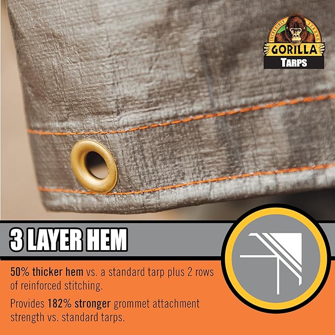 Gorilla 97050E Max Tough Tarp 6' x 8' - Heavy-Duty 14 MIL &amp 16X16 Weave - UV Treated Reinforced Hems Brass Grommets Durable and Weather-Resistant D-Ring Corners - 97050