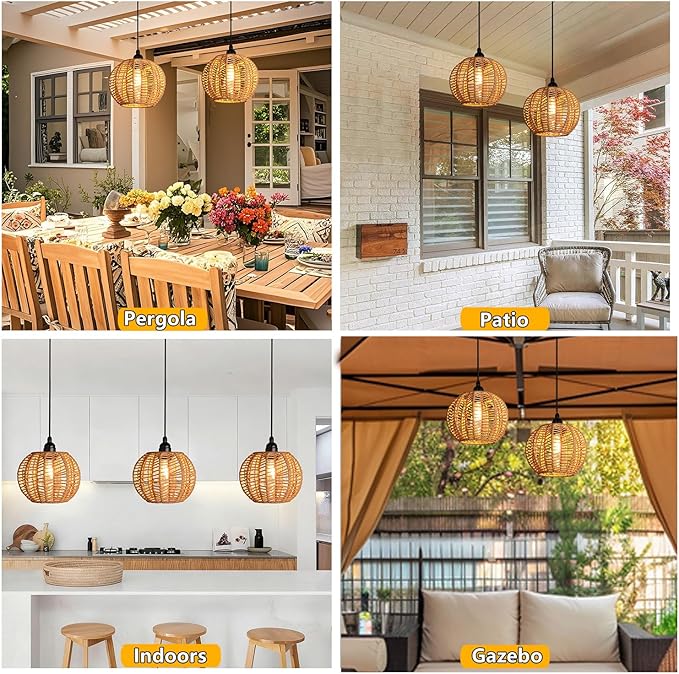 Battery Operated Chandelier 2Pack Hanging Gazebo Lights Cactus Shape Boho Rattan Pendant Lights Outdoor Waterproof for Patio Tree Pergola Porch and Indoor Decor