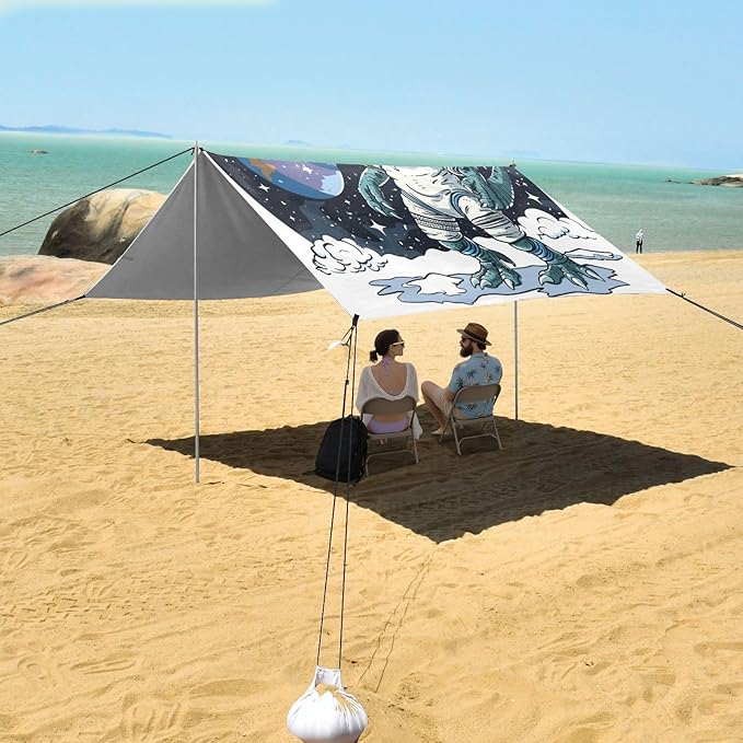 ALAZA Astronaut Dinosaur Dino Space Beach Tent Sun Shelter UPF50+ Protection Beach Shade Canopy w/ 4 Sandbags for Outdoor Camping Fishing Backyard Fun Picnic 10x9 ft