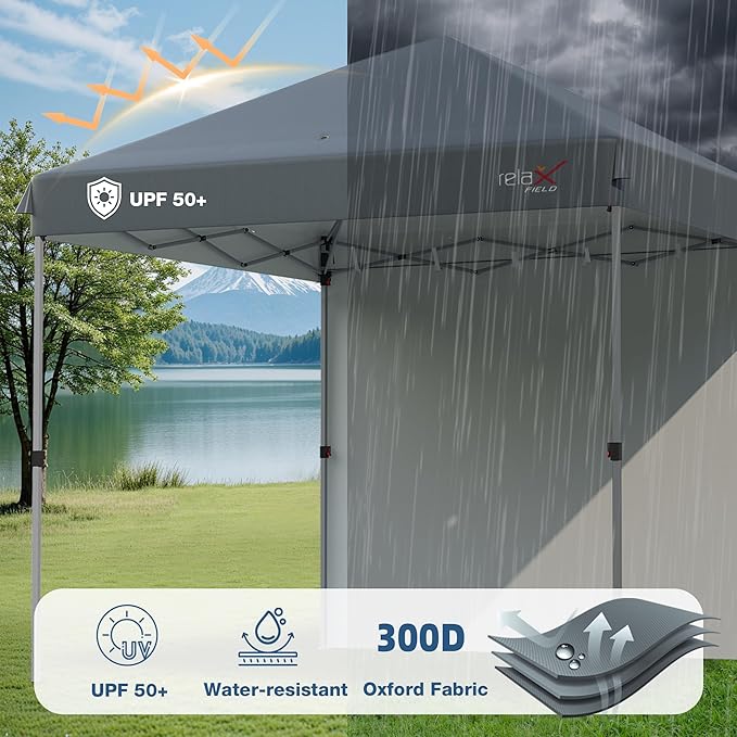 10x10 Outdoor Folding Canopy Tent with 1 Sidewall Easy Up Outdoor Shelter with One Person Set Up Center Lock Portable Patio Screen Tent for Camping Party Beach and Picnic Grey