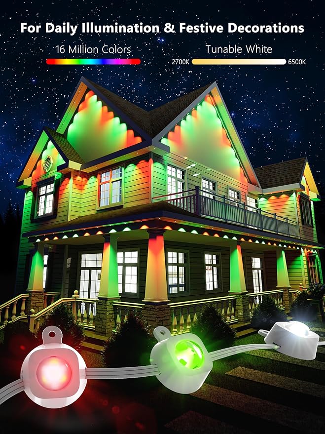 BrizLabs Signature Permanent Outdoor Lights 100ft 60 LED RGBCW Smart Christmas House Lights 200+ Custom Scene-Color Effect Waterproof Eave Light for Xmas Halloween Alexa Google Assistant Enabled