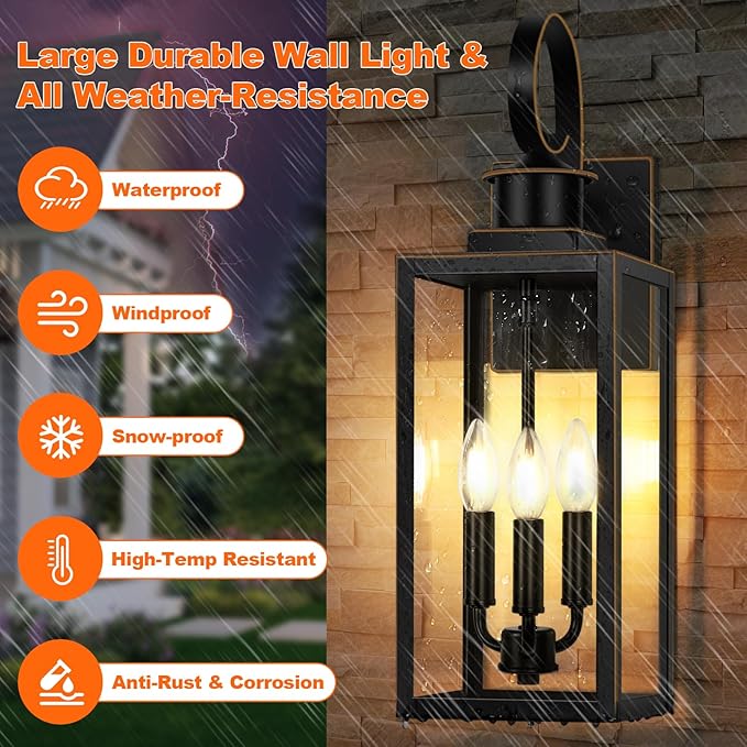3-Light Outdoor Wall Light Fixtures 19 Inch Large Waterproof Exterior Wall Sconces with Glass Shades Black with Gold Trim Anti-Rust Outside Wall Lantern for House Front Porch Patio Garage
