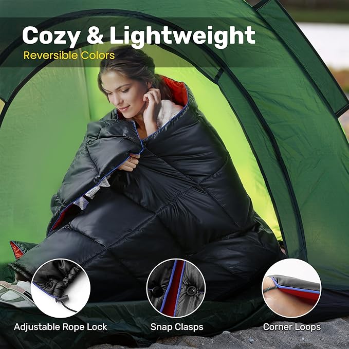 UNIKOME Waterproof Puffy Camping Blanket - Lightweight Packable Outdoor Quilt with Snaps &amp Corner Loops Warm Compact Blanket for Cold Weather Hiking Picnic Stadium Travel 75×52 Black&ampRed