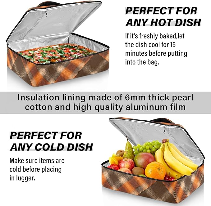 Casserole Carrier Orangeand Brown Tartan Plaid Insulated Casserole Carrier for Hot or Cold Food Thermal Lunch Tote for Parties Picnic Travel Carry Bag