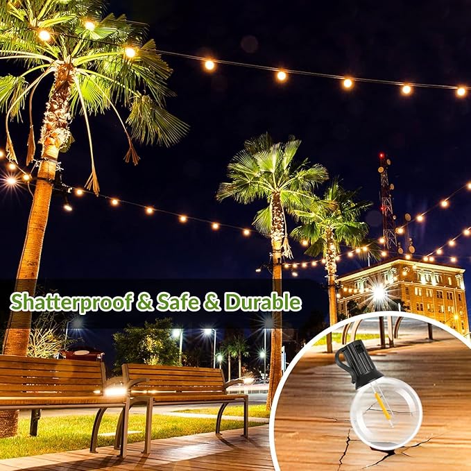 Lakumu 34FT G40 Solar String Lights Globe Outdoor String Lights with 15 E12 Waterproof LED Bulbs 2700K Shatterproof Patio Lights Solar Powered Hanging Lights