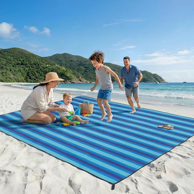 OIGAE Oversized Beach Blanket 9×10 ft Sand-Free Outdoor Mat for Groups Quick-Dry Picnic Blanket with Stakes &amp Corner Pockets Blue Stripe