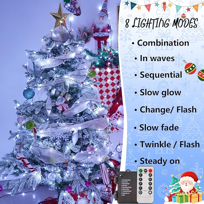 YEGUO Christmas Lights Battery Operated 2 Pack Each 33ft 100 LED White String Lights Outdoor Waterproof 8 Modes Green Wire Fairy Light Indoor with Remote