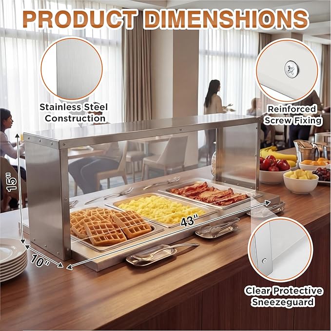 Zonon 43 Wide Steam Table Overshelf with Sneezeguard Compatible with Three-Well Steam Durable Stainless Steel Easy Installation Commercial Electric Hot Food Table Overshelf for Food Protection