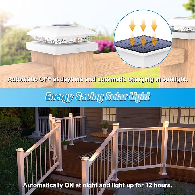 VOLISUN 4x4 Solar Post Cap Light 12packSolar Fence - Post Lights Outdoor Waterproof for Wooden/Vinyl PostWhite Deck Post Cap Light Solar Powered with Warm White for Garden/Patio/Porch