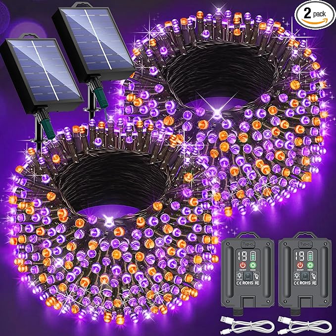 New Upgraded Orange and Purple Solar Halloween Lights 19 Modes 2 Pack Total 144FT 400 LED Solar String Lights Outdoor Waterproof Solar &amp USB Rechargeable for Halloween Decorations Orange &amp P