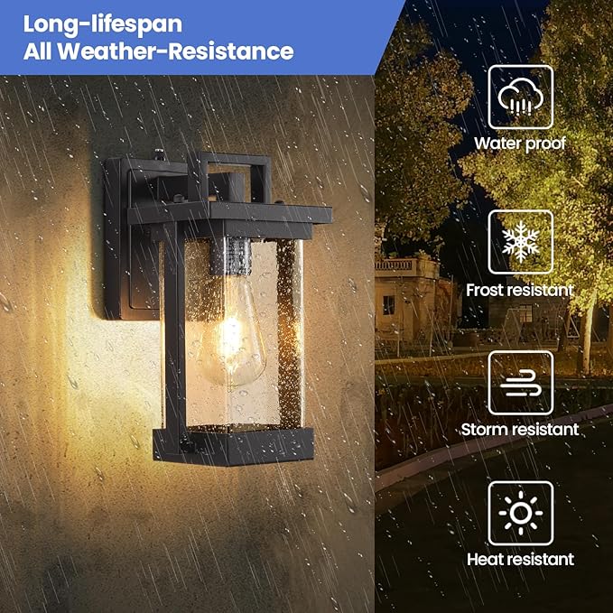 Outdoor Wall Lights Black Exterior Lighting Fixtures Waterproof Outdoor Wall Sconce with Seeded Glass Modern Dusk to Dawn Outdoor Light Fixtures Wall Mount for Porch Garage Patio 2-Pack
