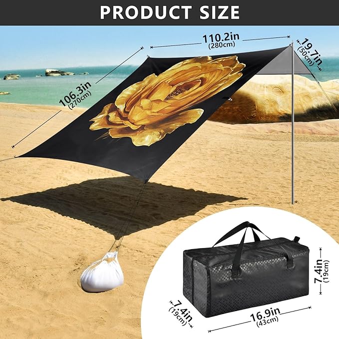ALAZA Gold Rose Flower Beach Tent Sun Shelter UPF50+ Protection Beach Shade Canopy w/ 4 Sandbags for Outdoor Camping Fishing Backyard Fun Picnic 10x9 ft