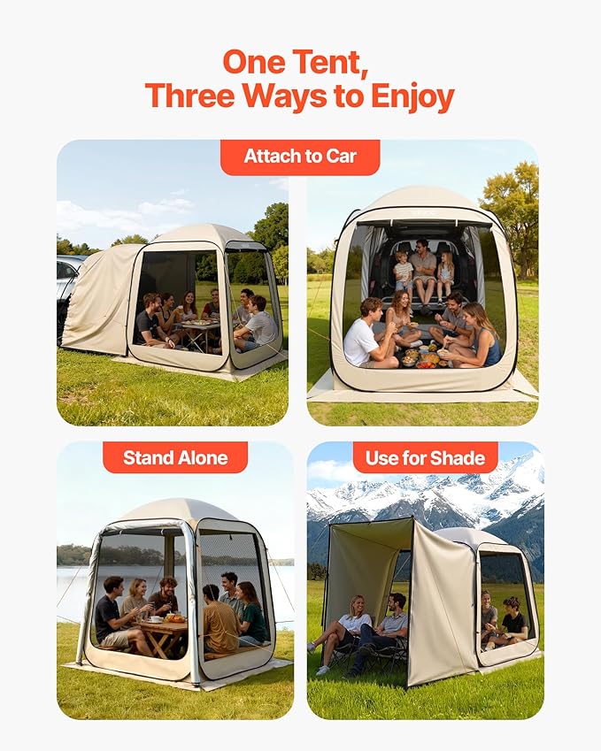 SUV Tailgate Tent VEVOR 6 x 6 ft Pop-Up Screen House Canopy for 4–6 Person Portable Screened Shelter with Carry Bag for Car Camping Backyard Patio Outdoor Activities