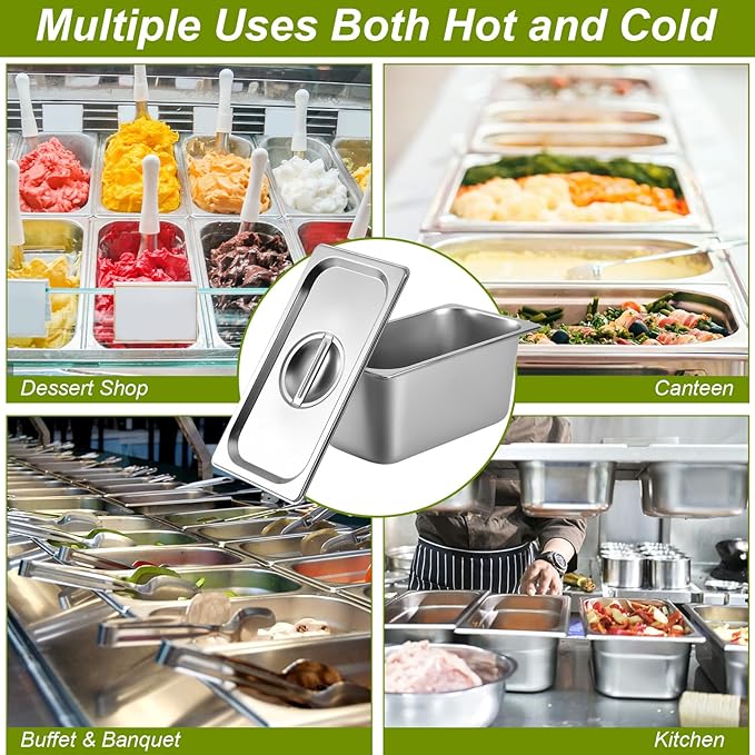 8 Pack 1/3 Size Hotel Pans with Lids 6 Inch Deep 1.2mm Thick Commercial Stainless Steel Chafing Steam Table Pan Catering Storage Metal Food Pan