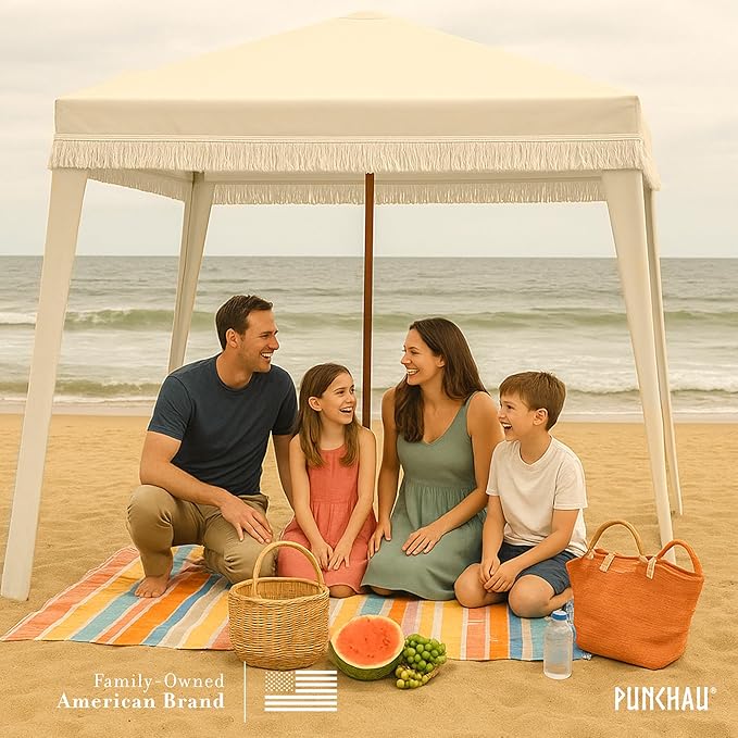 Beach Cabana with Fringe - 6x6 Ft. Boho Beach Canopy Umbrella Tent Portable Umbrellas for Sand with Carry Bag &amp Sandbag Pockets Instant Sun Shade Canopy Tent for Beaches &amp Backyards