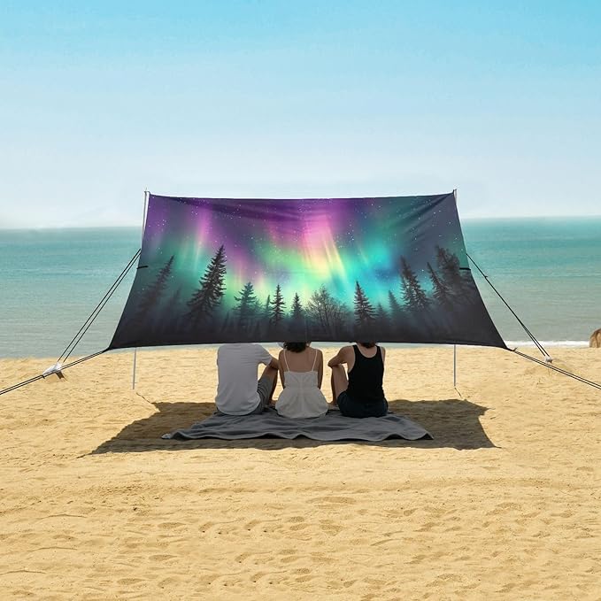 Coloured Aurora Lights Beach Tent Sun Shelter 9.2' x 10.5' Beach Canopy with 4 Sandbags 4 Stability Poles Sand Shovels - Tent Canopy for Beach Camping Fishing Picnics