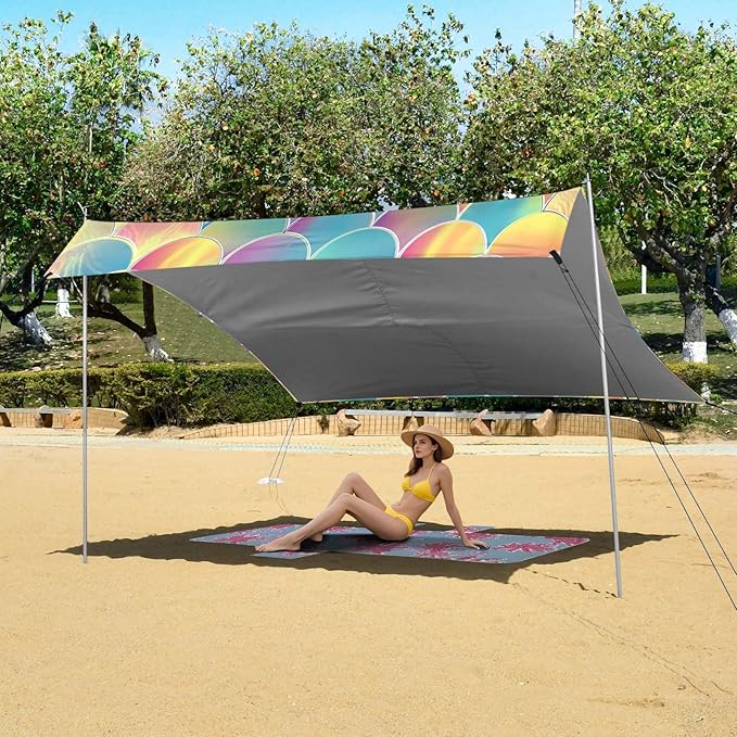 ALAZA Rainbow Mermaid Scales Beach Tent Sun Shelter UPF50+ Protection Beach Shade Canopy w/ 4 Sandbags for Outdoor Camping Fishing Backyard Fun Picnic 10x9 ft