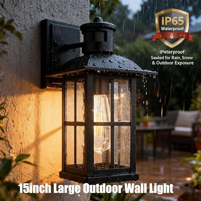 4-Pack 15inch Large Outdoor Wall LightsModern Black Exterior Lantern Wall Light Fixture with E26 Sockets &amp Tempered GlassWaterproof Porch Wall Lighting for GarageGarden