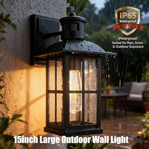 15inch Large Outdoor Wall LightsModern Black Exterior Lantern Wall Light Fixture with E26 Sockets &amp Tempered GlassWaterproof Porch Wall Lighting for GarageGarden