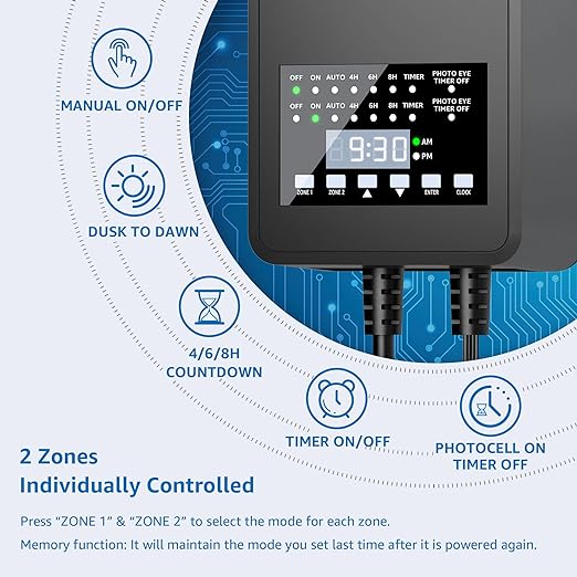 SUNVIE 200W Low Voltage Landscape Transformer with 2 Independent Control Output Landscape Lighting Transformer with Timer and Photocell Sensor 120V AC to 12/14V AC Weatherproof Low Voltage Transformer