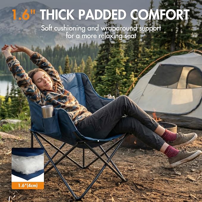 Portal 32 Oversized Camping Chair Foldable Heavy Duty 350 lb Padded Ergonomic Seat for Big &amp Tall Adults Pinch-Free Extra Wide Design Featuring Cup Holder &amp Carry Bag for Fishing Lawn &amp