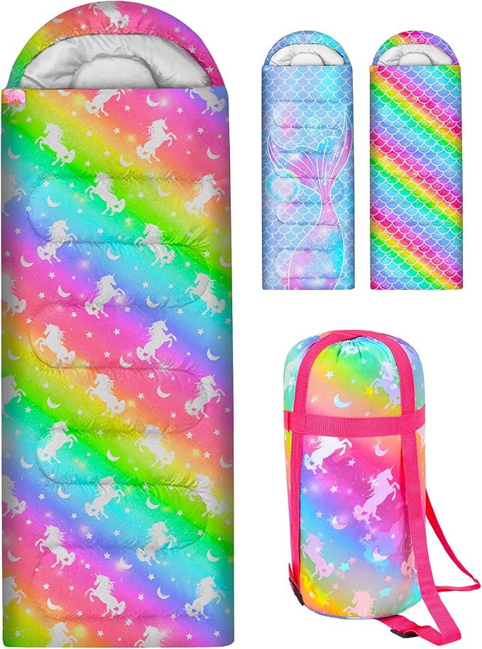 Sleeping Bags for Kids 3 Season Waterproof Sleeping Bag with Carry Bag for Camping Hiking Rainbow Unicorn