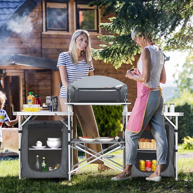 Giantex Camping Kitchen Station Folding Grill Table with 26'' Tabletop 2 Side Tables Storage Organizer Detachable Windscreen Portable Camp Cook Outdoor Prep Station Backyard BBQ Picnic (Grey)