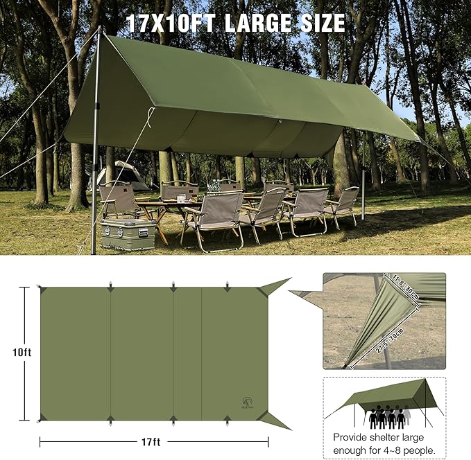 REDCAMP Large 10x17ft Waterproof Camping Tarp Portable Hammock Rain Fly with 4 Adjustable Poles 8 Guy Lines &amp Stakes Backpacking Tent Shelter for Camping Hiking Beach (4 Poles)