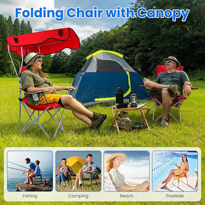 Camping Chair with CanopyOutdoor Folding Chair with Adjustable Shade &amp Cup Holder Heavy Duty Beach Chair for Adult Portable Camping Recliner Support 334 LBS