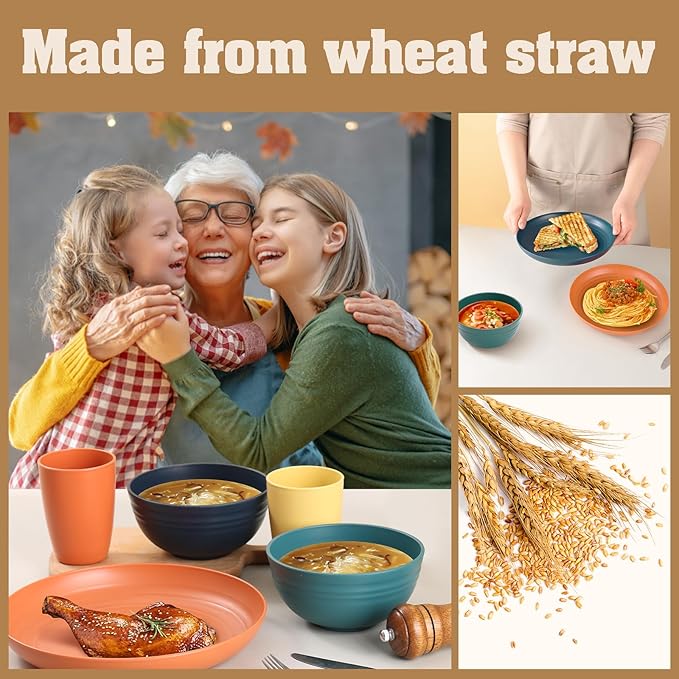 Wheat Straw Dinnerware Sets Unbreakable Plates and Bowls Sets for 8 Reusable Plastic Plates and Bowls 32Pcs Dishwasher Microwave Safe Plastic Dishes Kitchen RV Camping Outdoor