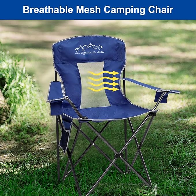 Camping Chairs for Adults Heavy Duty 400lbs Capacity Folding Chair with Large Anti-Sink Feet &amp Cup Holder Extra Wide Portable Outdoor Chair for Camping Beach Lawn Fishing Blue
