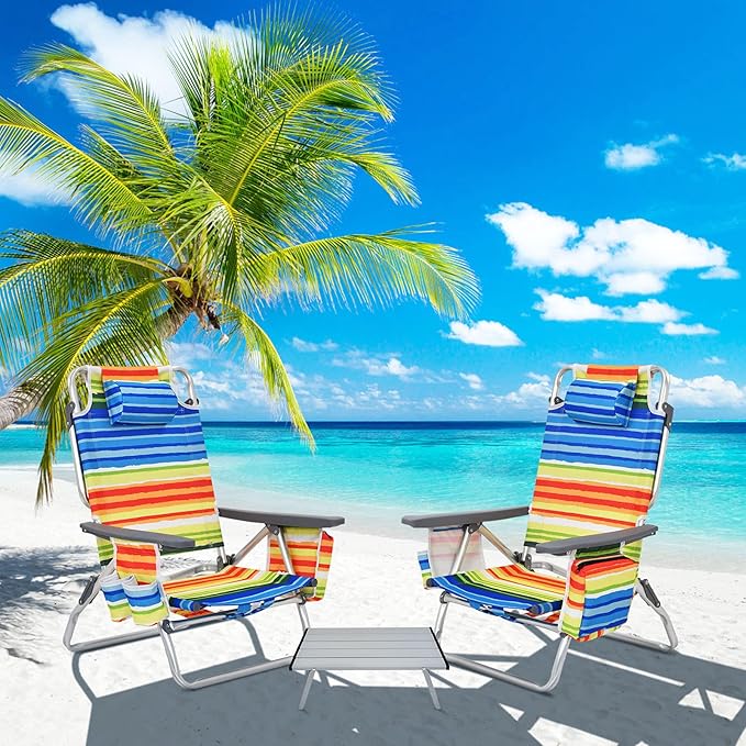 S AFSTAR Folding Beach Chair Set 2 Pack Folding Chair and Aluminum Small Table 5-Position Adjustable Camping Chairs with Ice Bag Comfort Pillow 3 PCS Backpack Recline Beach Chairs (Color Strip)