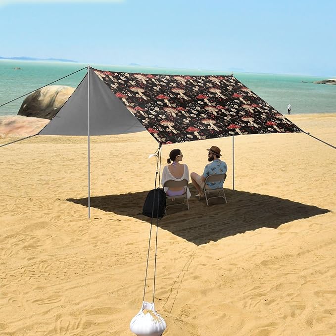 ALAZA Mushroom Daisy Flower Beach Tent Sun Shelter UPF50+ Protection Beach Shade Canopy w/ 4 Sandbags for Outdoor Camping Fishing Backyard Fun Picnic 10x9 ft