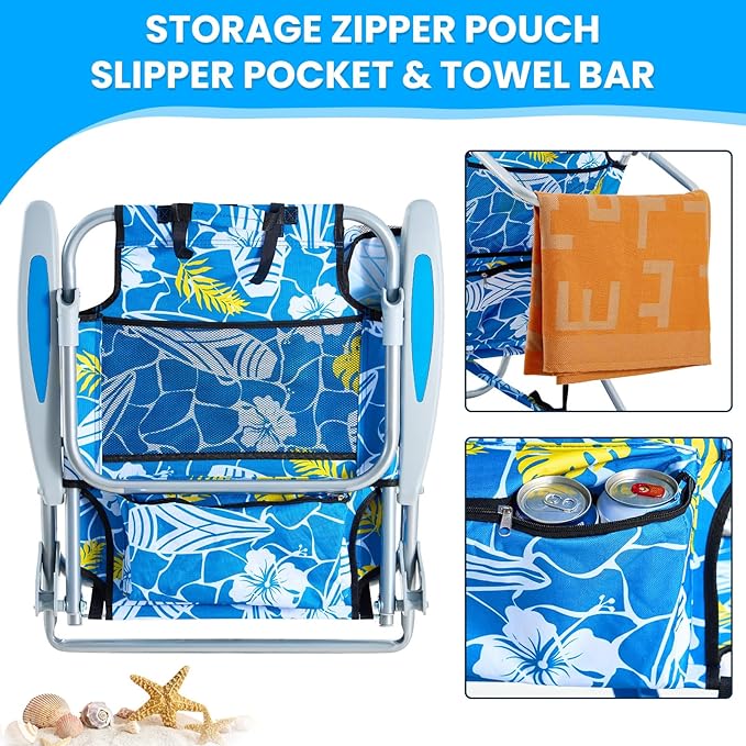 2 Pack Lightweight Portable Camping Beach Chair for Adult Outdoor Lay Flat Folding Beach Chairs with 5 Positions Backpack Beach Chair with Towel Bar Zipper Pouch Cup Holder Hawaiian Style