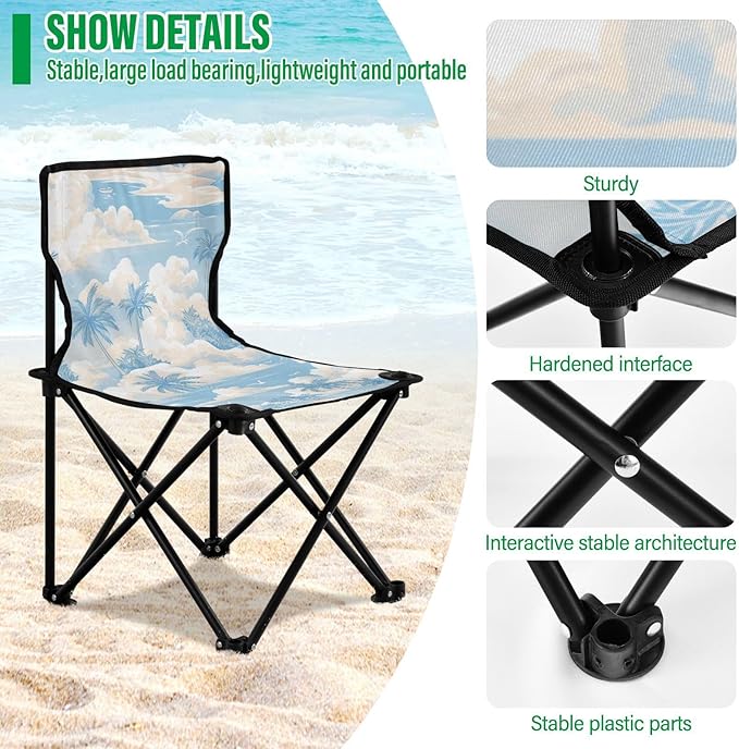 KLL Cartoon Beach Silver Grey Packable Camp Chairs Ultralight Folding Backpack Chair with Carrying Bag Hiking Chair for Sports Camp