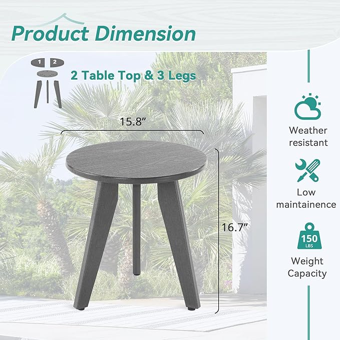 HDPS Outdoor Side Table Small Round Side Table Weather-Resistant Outdoor Side Tables for Patio Porch Deck End Table for Plant Stand Living Room Bedroom Gray