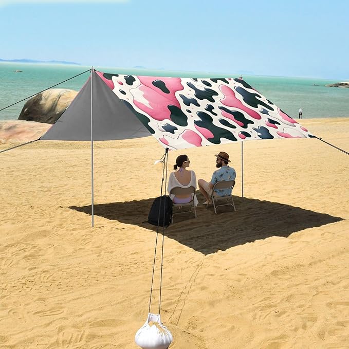 ALAZA Pink &amp Black Cow Prints Beach Tent Sun Shelter UPF50+ Protection Beach Shade Canopy w/ 4 Sandbags for Outdoor Camping Fishing Backyard Fun Picnic 10x9 ft