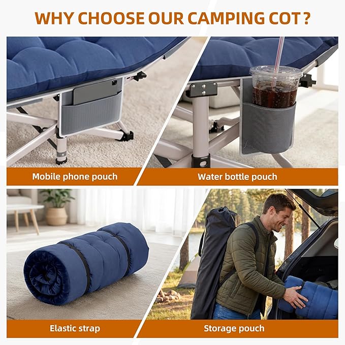 Camping Cot for Adults 2 Pack Heavy Duty Folding Sleeping Cots with Carry Bag Portable Camp Bed with Double Layer 1200D Oxford Fabric &amp Mattress Travel Cot for Camping Beach Patio Home Offic