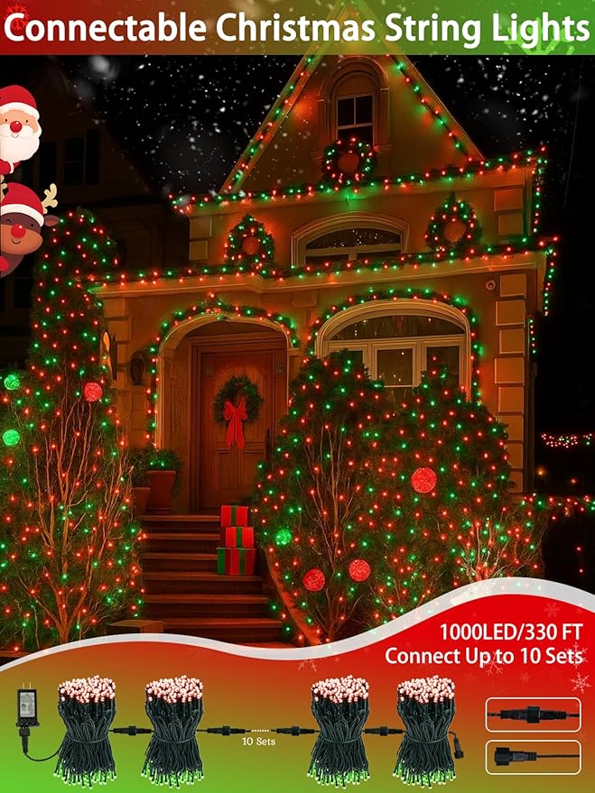 2 Pack Christmas String Lights Indoor Outdoor Super Bright 66FT 200 LED String Lights Waterproof 13 Modes Twinkle Xmas Lights with Timer for Christmas Tree Decorations (Red and Green)