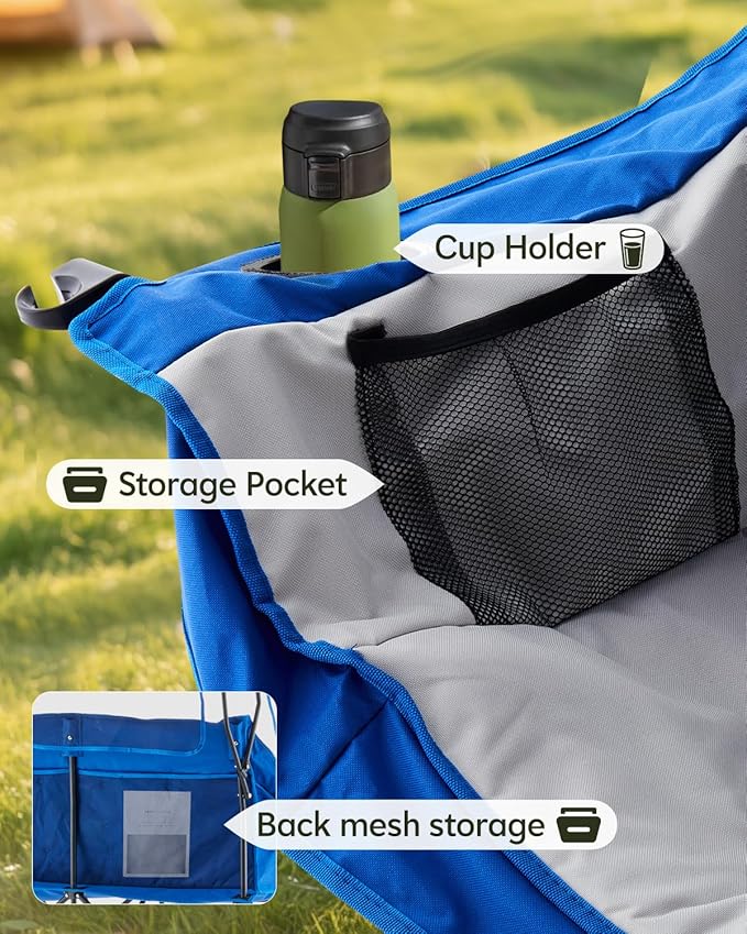 CLIPOP Double Camping Chair with Canopy Portable Outdoor Folding Chair with Cup Holders Side Pocket Oversized Beach Chair with Canopy Shade for Lawn Patio Hiking Blue