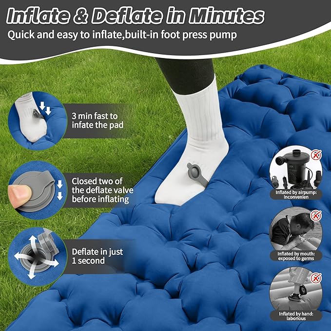 HiiPeak Double Sleeping Pad for Camping - Ultralight Camping Mattress with Pillow Built-in Foot Pump Compact Inflatable 2-Person Portable Mat for Backpacking Hiking Car Traveling Beach Tent