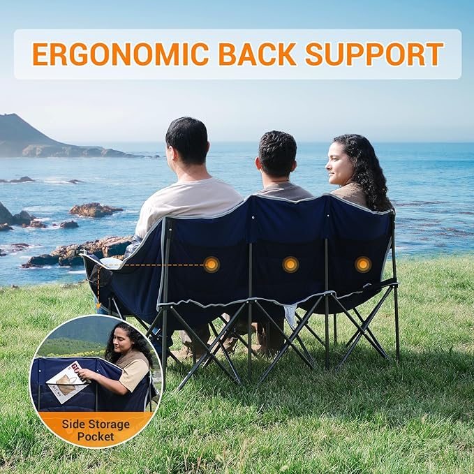 KingCamp 3 Person Camping Chair Oversized 660lbs Heavy Duty Loveseat for Adults Portable Folding XL 2 Person Couch Padded Comfortable Three Seat with Cup Holder for Outdoor Lawn Khaki/Coffee