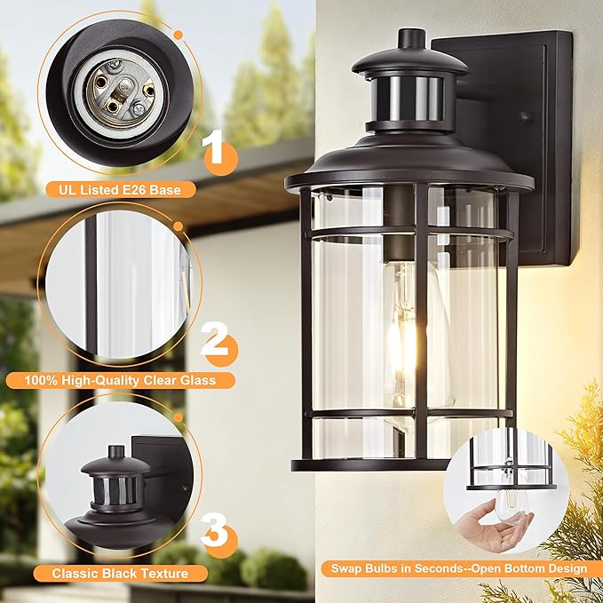 OKELI Motion Sensor Outdoor Wall Lights-Dusk to Dawn Porch LightBrown Outdoor Lights Fixture3 Lighting Modes Waterproof Anti-Rust Outdoor Lights for House Porch Garage (2 Pack