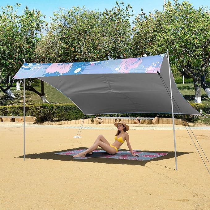 Butterflies Beach Tent Sun Shelter 9.2' x 10.5' Beach Canopy with 4 Sandbags 4 Stability Poles Sand Shovels - Tent Canopy for Beach Camping Fishing Picnics