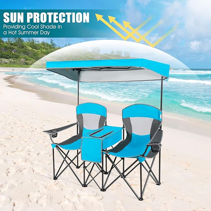 GYMAX Double Camping Chair Beach Chair with Canopy Shade Adjustable UV Protection Cooler Cup Holder &amp Carry Bag Folding Portable Lawn Soccer Camp Chair with Umbrella for Adults (Blue 2 Perso