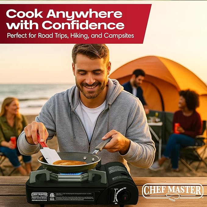 Portable Butane Camping Stove COMBO Piezo Ignition Wind-Guard 7650 BTU Portable Stove Burner w/ 4 x 8oz. Butane Fuel Canister for Emergencies Hiking &amp Outdoor Camping Essential by Chef Master 9